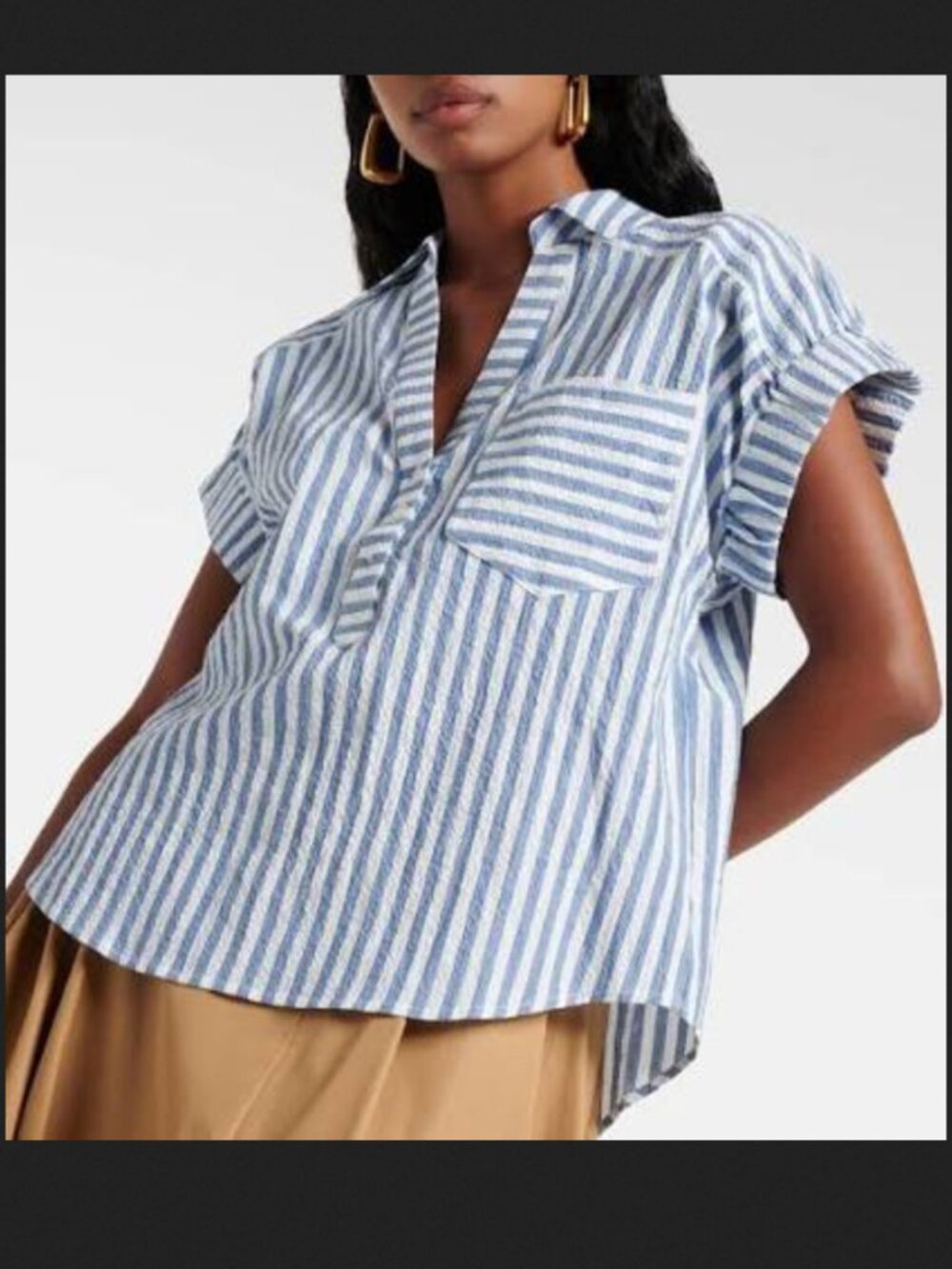 Veronica Beard Almera Stripe Short-Sleeve Top, Medium Blue White Seersucker Chic